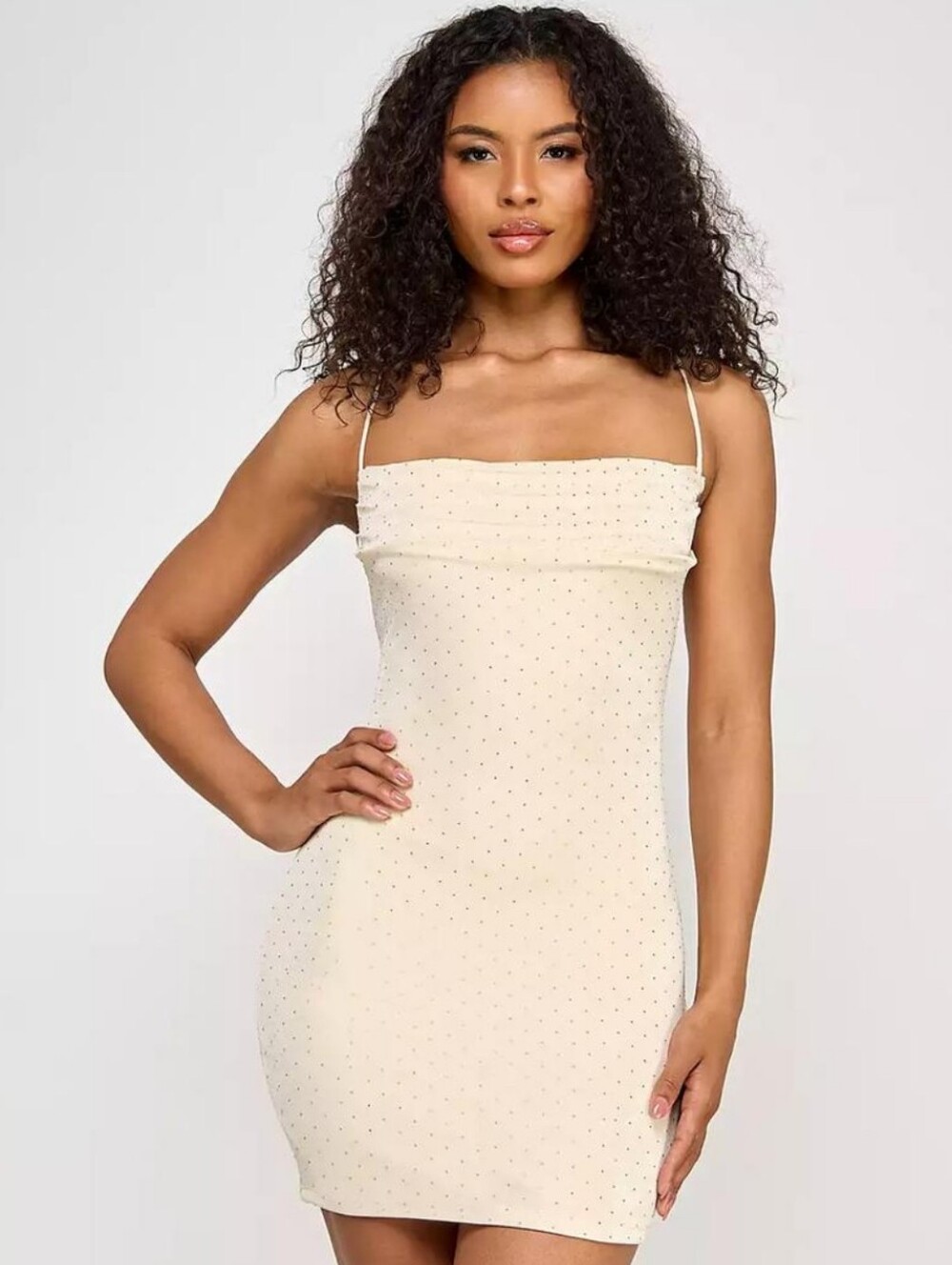 City Studio Beige Bodycon Dress M Cowl Neck Rhinestone Spaghetti Strap Backless